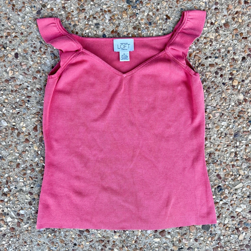 Ann Taylor Loft Stretch Silk Blend Ruffle Shoulder Sleeveless Tank Size M